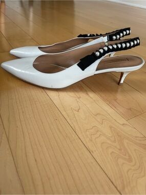 Aquazzura White Pearl-Embellished Slingback Kitten Heels